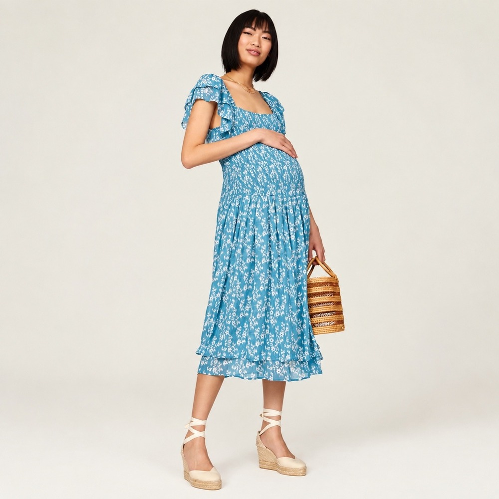 Hatch Floral Smocked Midi Dress Womens 2 Blue Ruffle Sleeve Cottagecore